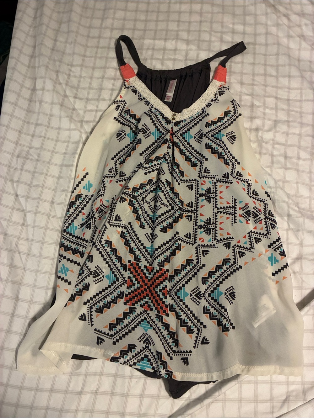 Girls Cream Tribal Print Tank Dress with Coral Accents